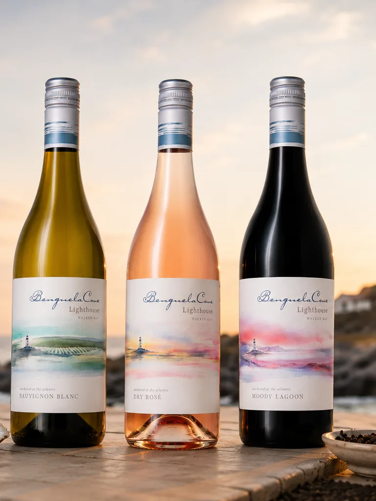 The Benguela Cove Lighthouse Series - Sauvignon Blanc, Rose and Moody Lagoon bottles against a Cape sunset