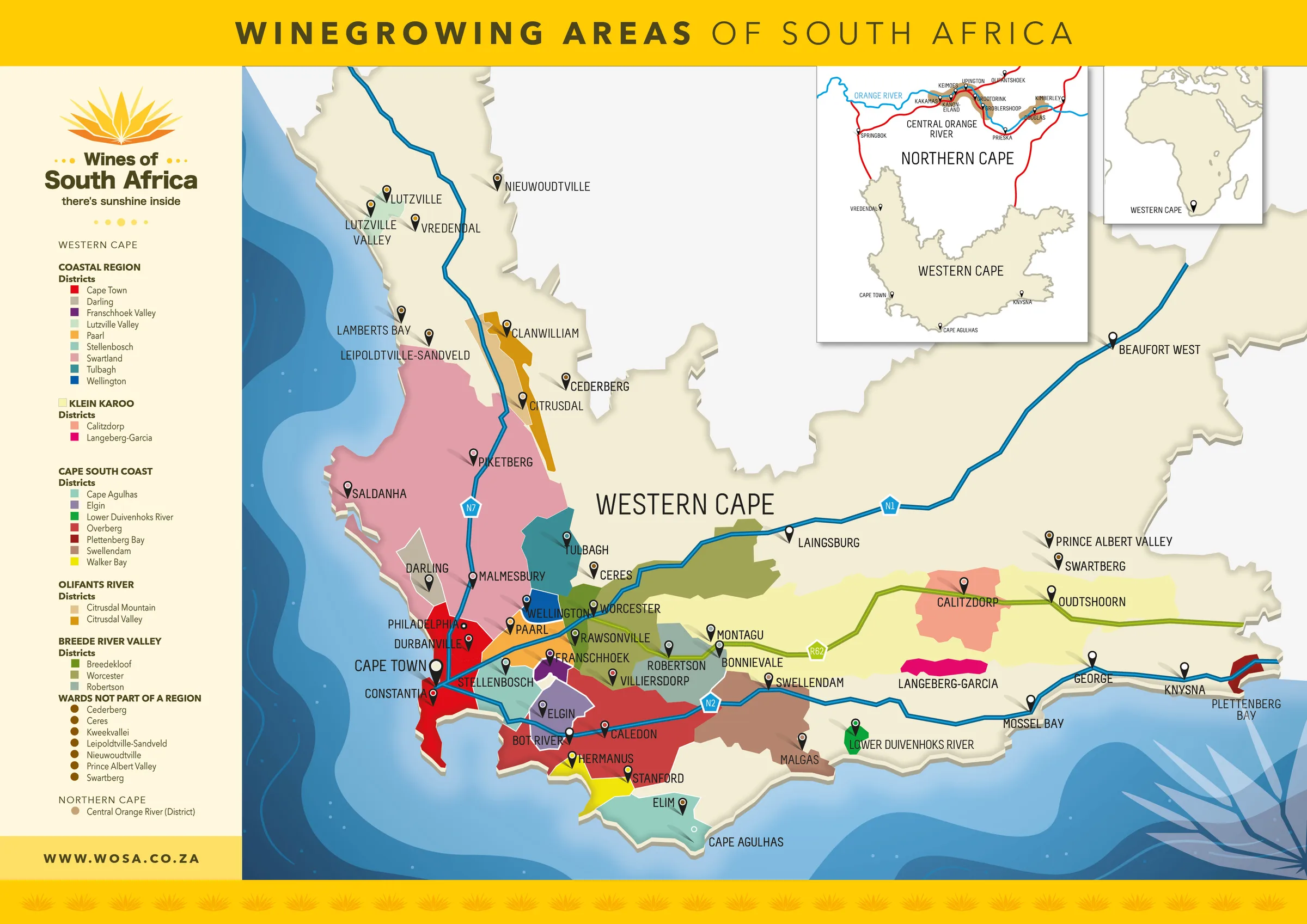 South African wine map showing the Western Cape's regions, districts and wards