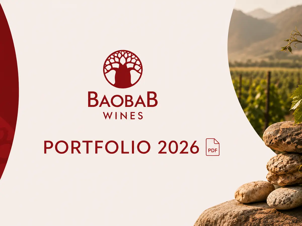 Baobab Wines Portfolio 2026 cover, with the baobab tree logo and wordmark over a Cape vineyard and mountain backdrop