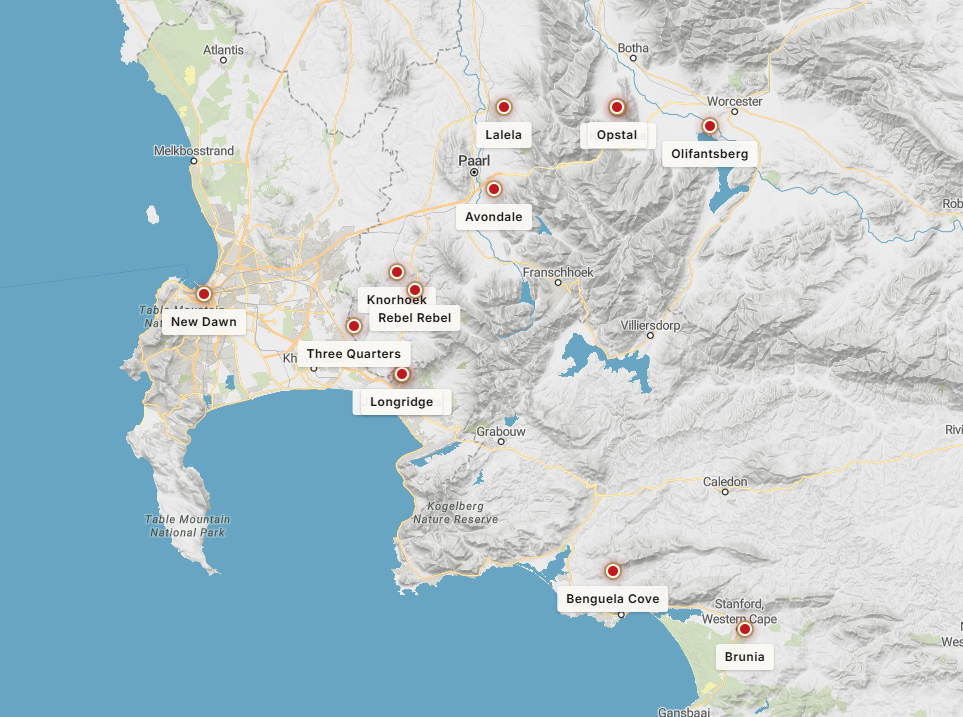 Topographic map of the Cape wine regions with red pins for each Baobab producer