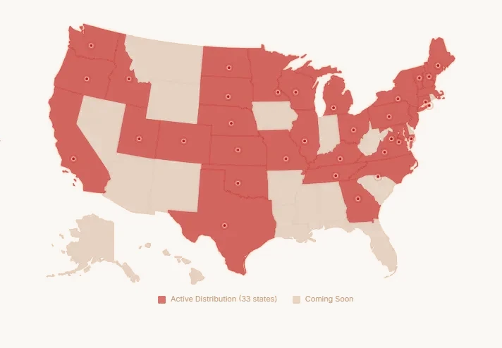 Map of the United States highlighting the states Baobab Wines distributes across
