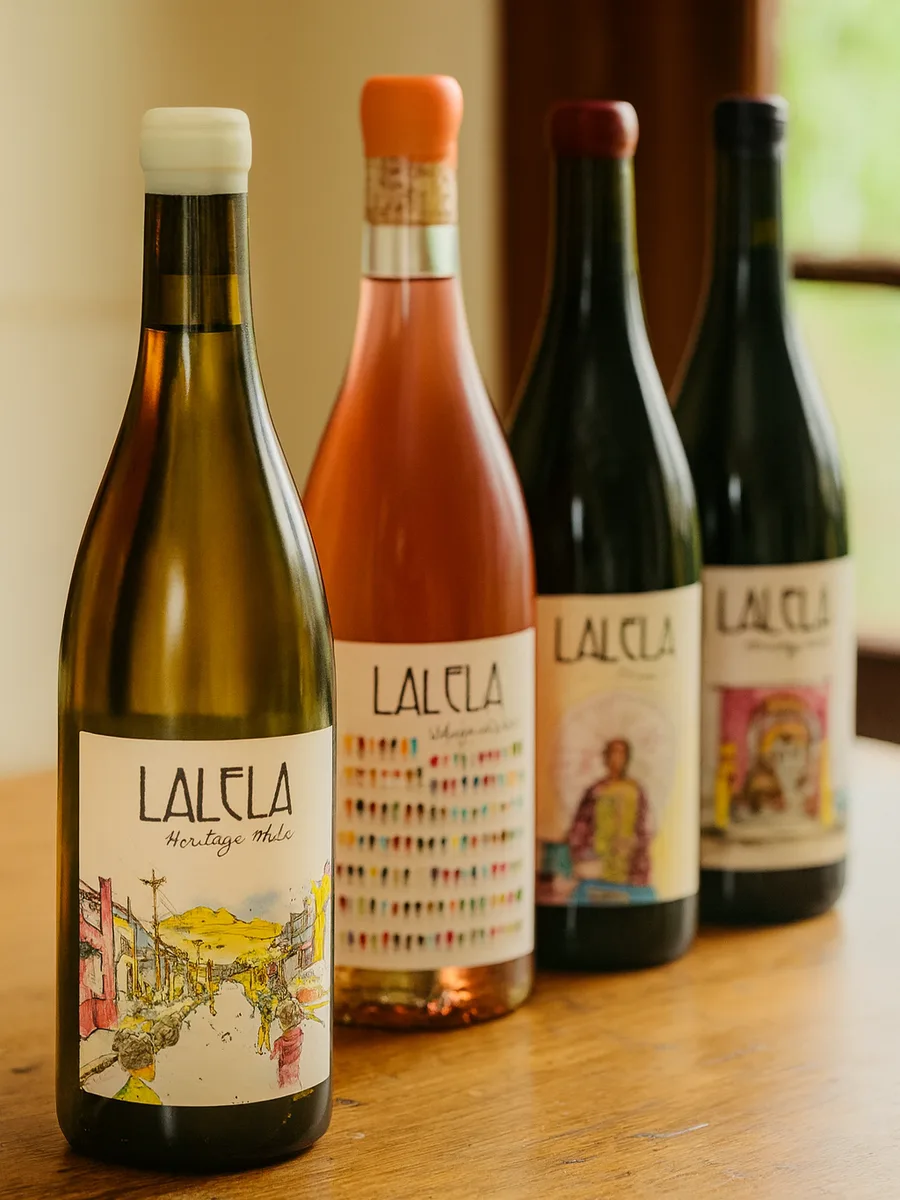 Four Lalela wine bottles in a row, showing the range's hand-painted labels